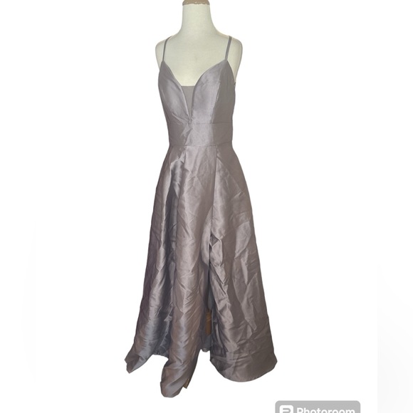 Speechless Juniors Mauve Lavender Silver Crochet Lace Back Satin Gown Dress 11 - Picture 6 of 9